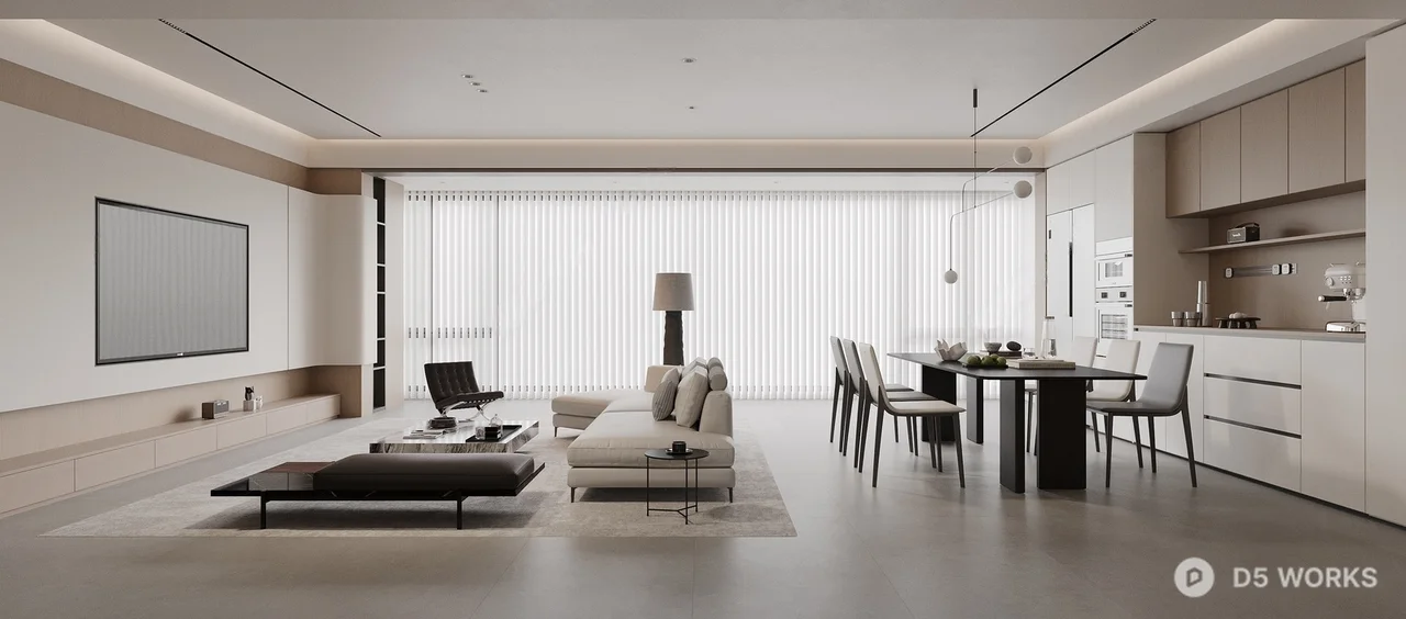 Minimalist Open-Plan Living Dining Space 3d model - Image 1