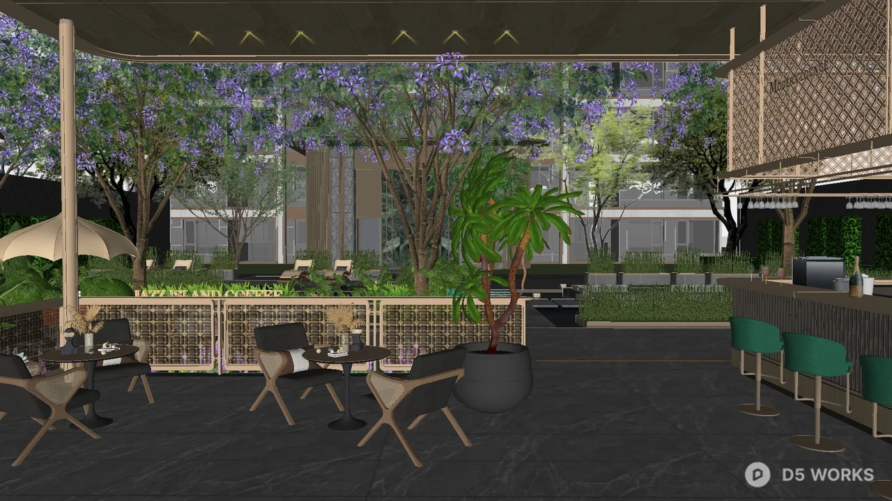 Modern Villa Courtyard With Checkerboard Paving And Umbrellas 3d model thumbnail 10