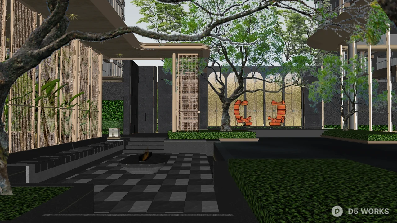 Modern Villa Courtyard With Checkerboard Paving And Umbrellas 3d model thumbnail 5