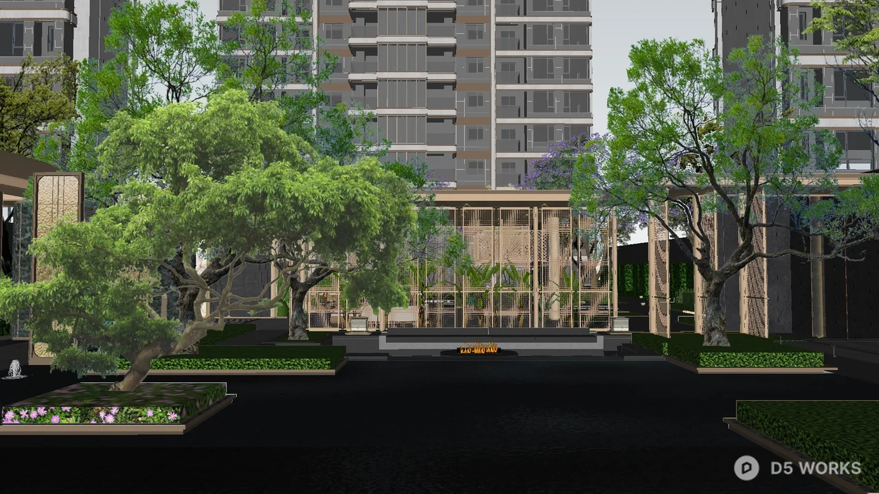 Modern Villa Courtyard With Checkerboard Paving And Umbrellas 3d model thumbnail 6