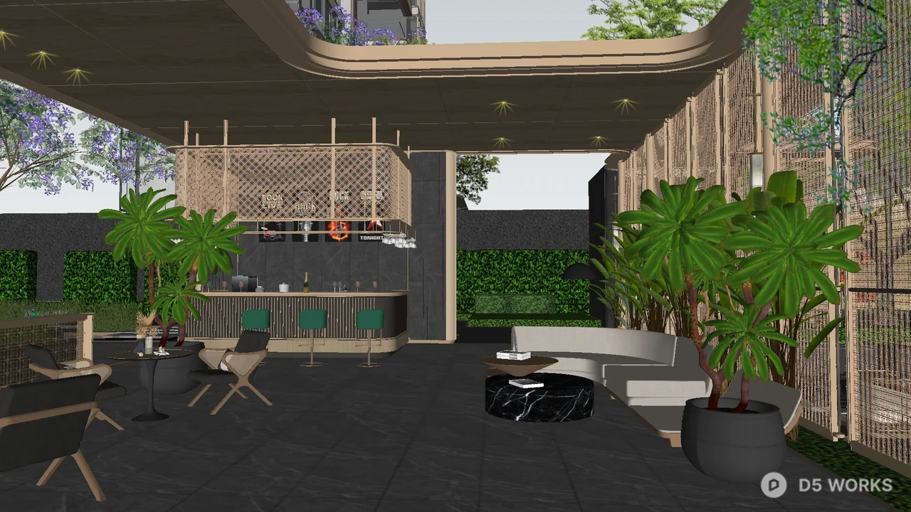Modern Villa Courtyard With Checkerboard Paving And Umbrellas 3d model thumbnail 8