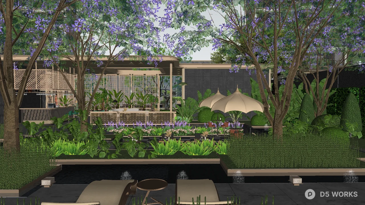 Modern Villa Courtyard With Checkerboard Paving And Umbrellas 3d model thumbnail 9