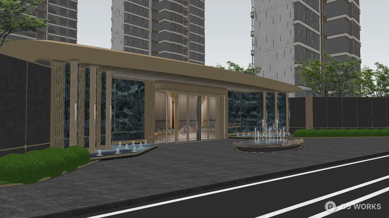 Modern Villa Courtyard With Checkerboard Paving And Umbrellas 3d model thumbnail 4