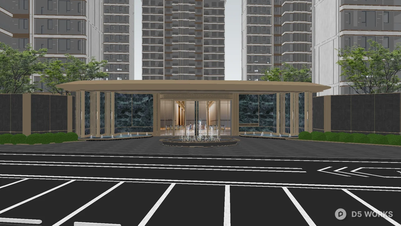 Modern Villa Courtyard With Checkerboard Paving And Umbrellas 3d model thumbnail 3
