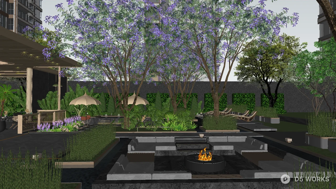 Modern Villa Courtyard With Checkerboard Paving And Umbrellas 3d model thumbnail 7