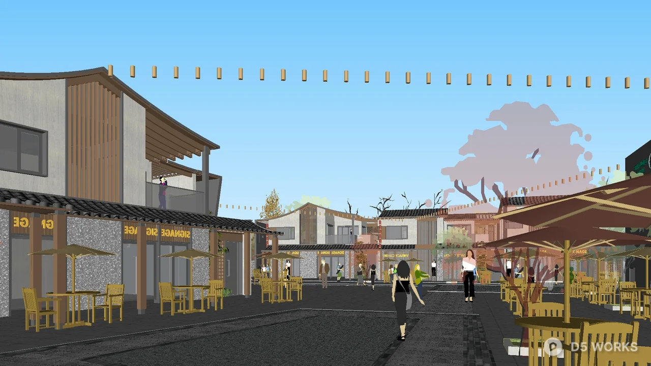 Commercial Street Landscape With Umbrellas And Pavement 3d model thumbnail 3