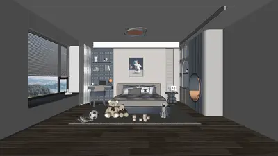 Modern Minimalist Bedroom with Dark Wood Flooring 3d model