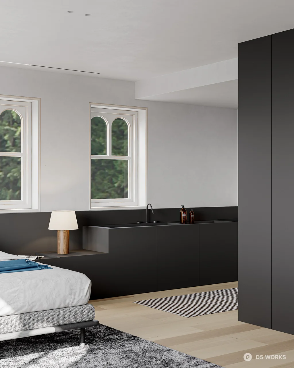 Minimalist Bedroom with Black Bathtub 3d model - Image 1