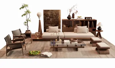 Zen Style Living Room Furniture Set 3d model