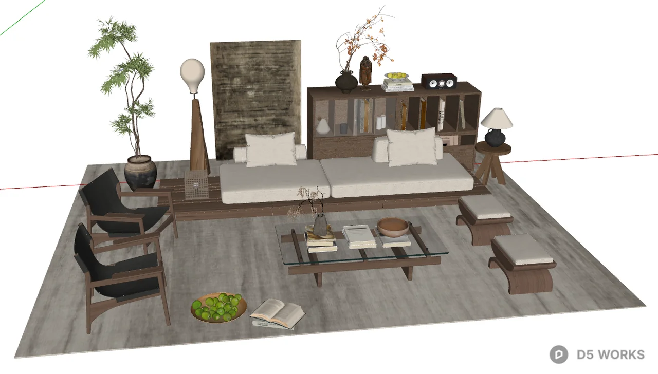 Zen Style Living Room Furniture Set 3d model thumbnail 2