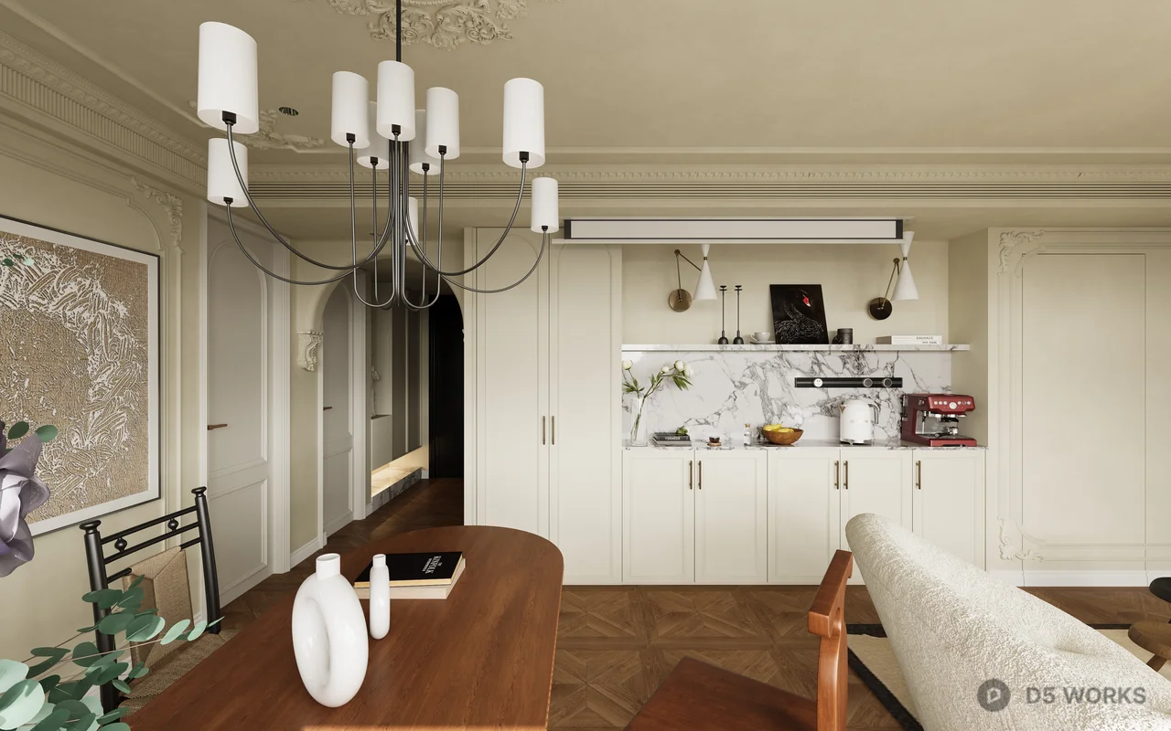 Elegant Dining Living Space with Chandelier 3d model - Image 1