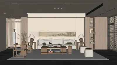 Minimalist Living Room with Artistic Wall Scroll 3d model