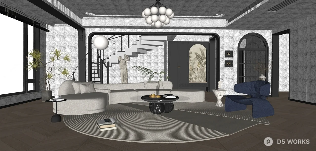 Modern French Style Spacious Living Room 3d model thumbnail 2