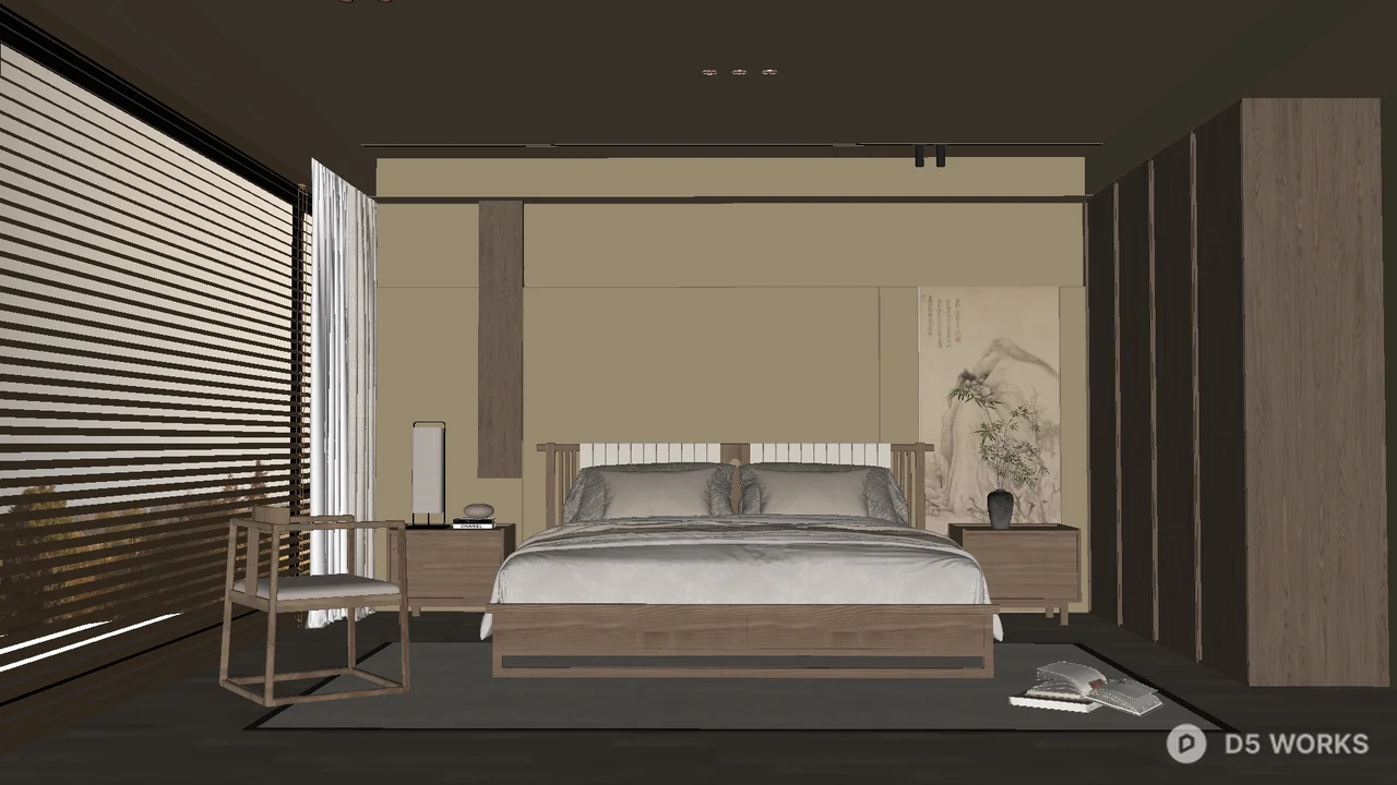 Minimalist Bedroom with Wooden Bed and Side Tables 3d model - Image 1