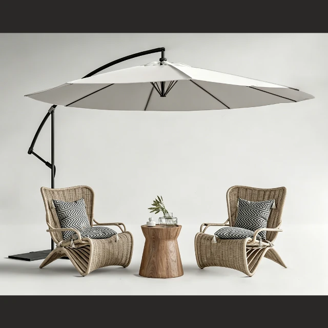 Modern wicker outdoor leisure table and chairs with a cantilevered parasol 3d model
