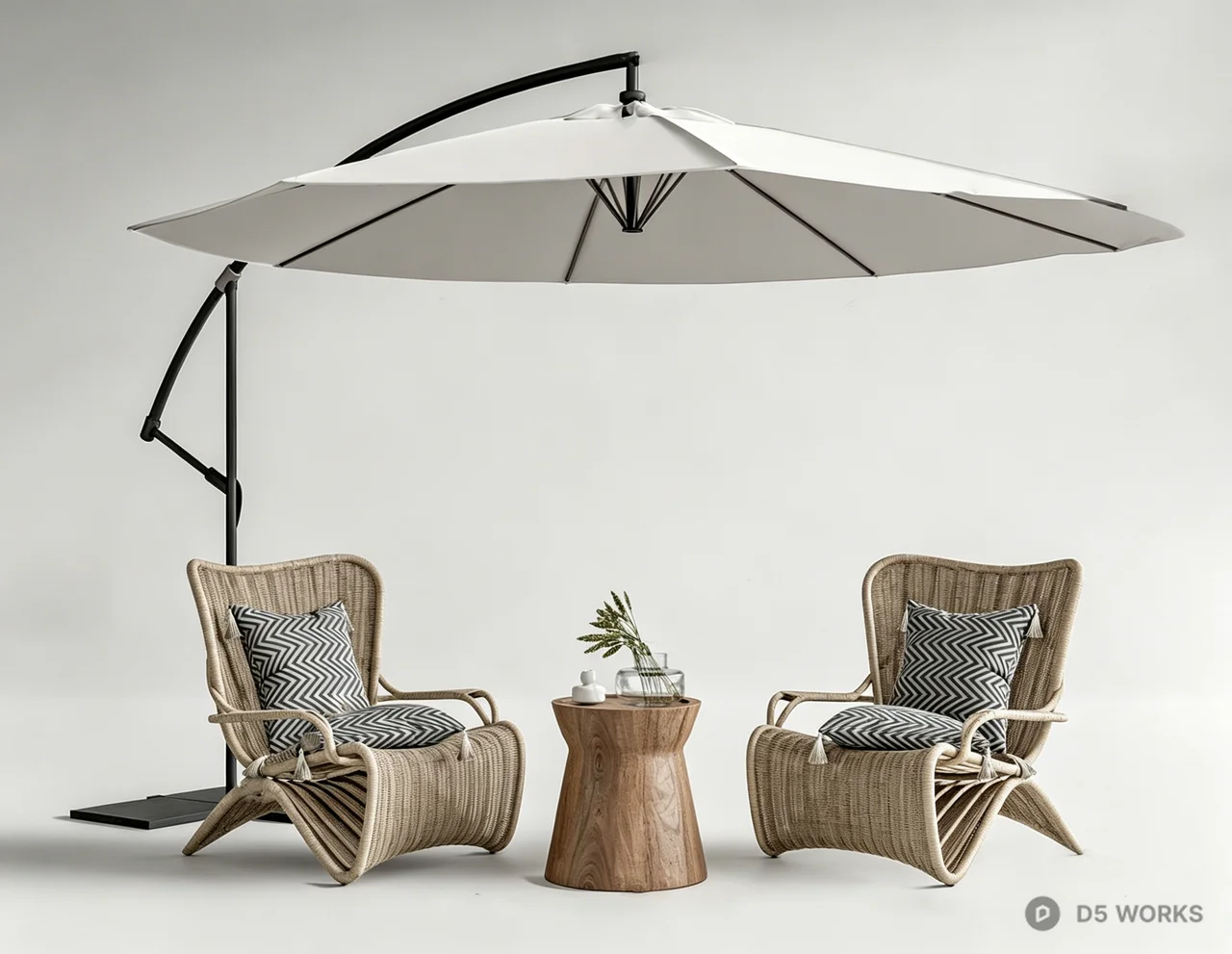 Modern wicker outdoor leisure table and chairs with a cantilevered parasol 3d model - Image 1