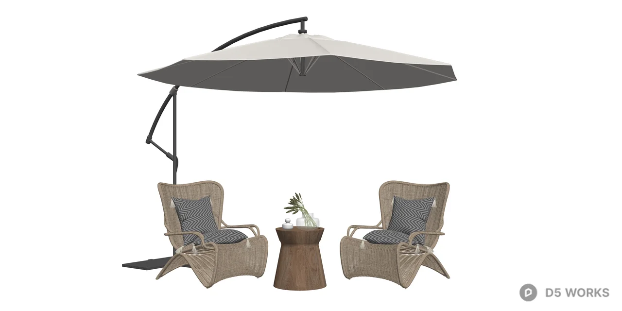 Modern wicker outdoor leisure table and chairs with a cantilevered parasol 3d model thumbnail 2