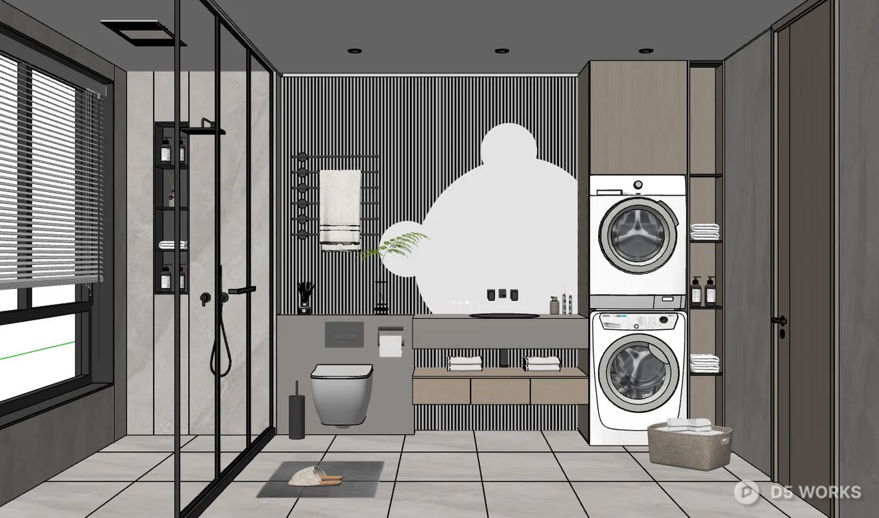 Modern Minimalist Bathroom With Integrated Laundry Area 3d model thumbnail 3