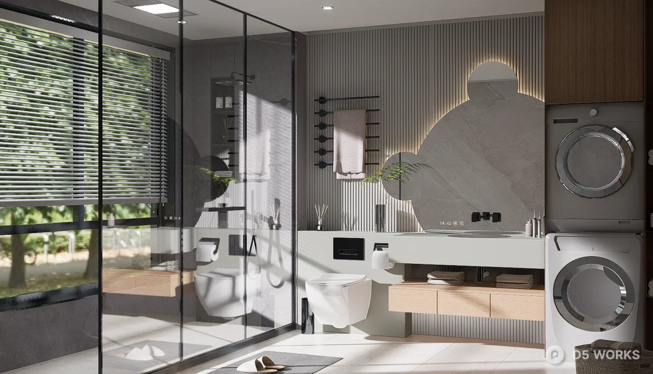 Modern Minimalist Bathroom With Integrated Laundry Area 3d model thumbnail 2
