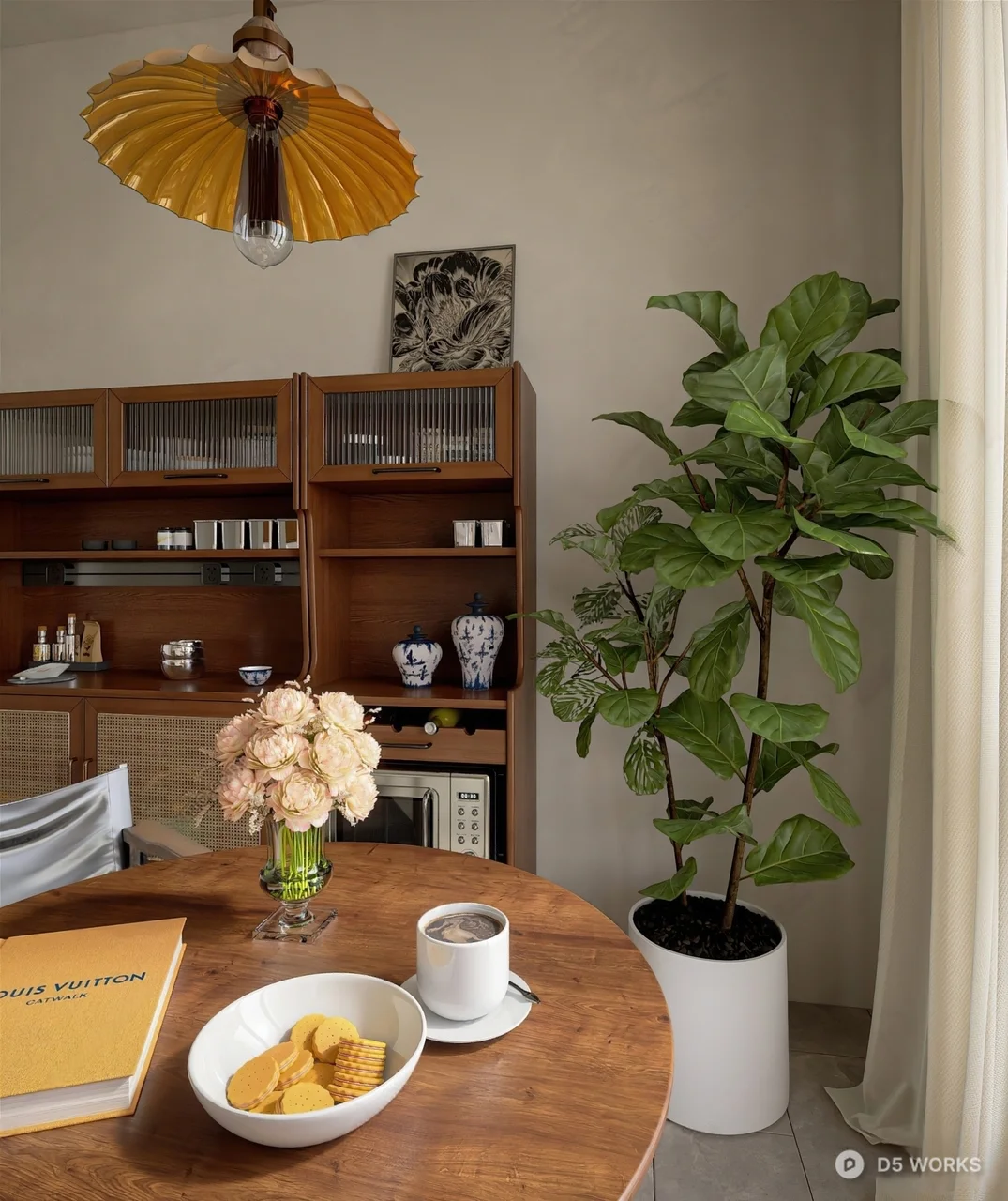 Tropical Breakfast Nook With Wooden Table And Pendant Light 3d model thumbnail 2