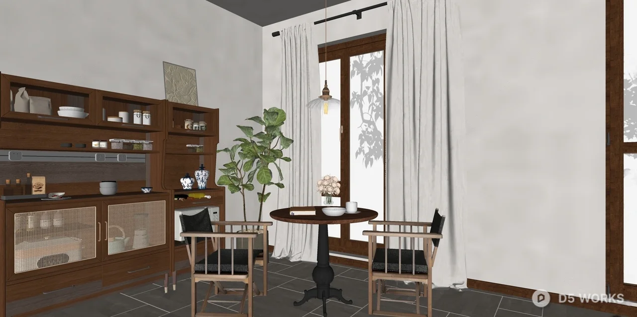 Tropical Breakfast Nook With Wooden Table And Pendant Light 3d model thumbnail 3