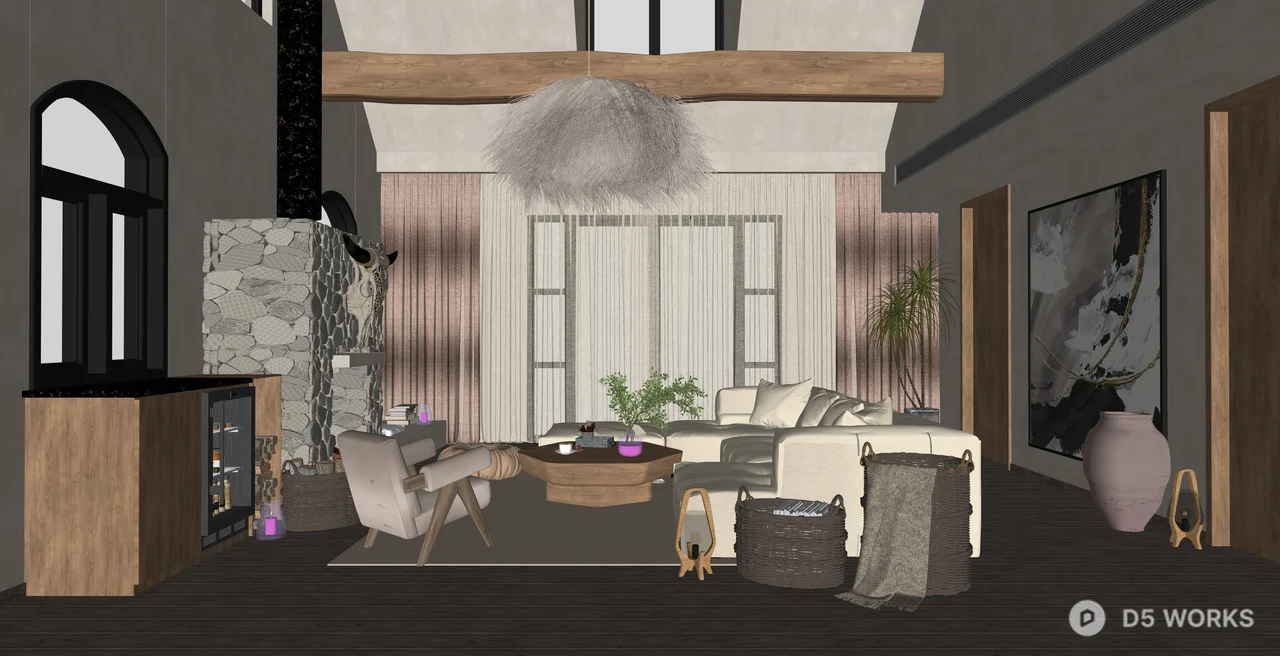 Modern Rustic Living Room Interior Scene 3d model thumbnail 2