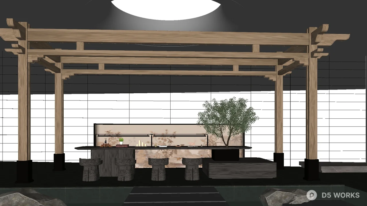 Minimalist Japanese Tea Room with Wooden Pavilion 3d model - Image 1