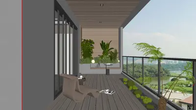 Modern Balcony With Wooden Decking And Greenery 3d model