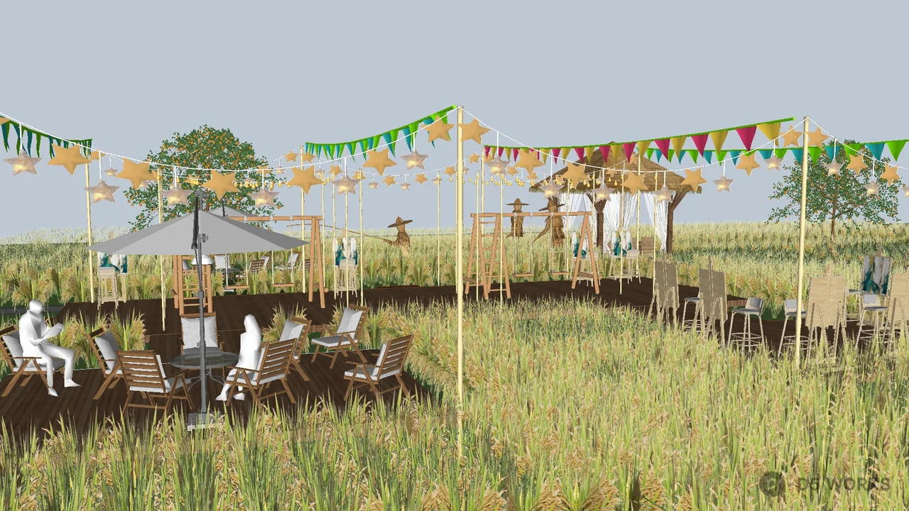 Rural Market Scene With Canopy And Flags 3d model - Image 1
