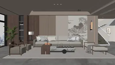Modern Chinese Villa Living Room with Ink Painting Accent Wall 3d model