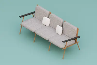 Mid-Century Modern Fabric Three-Seater Sofa With Wooden Legs And Black Armrests 3d model