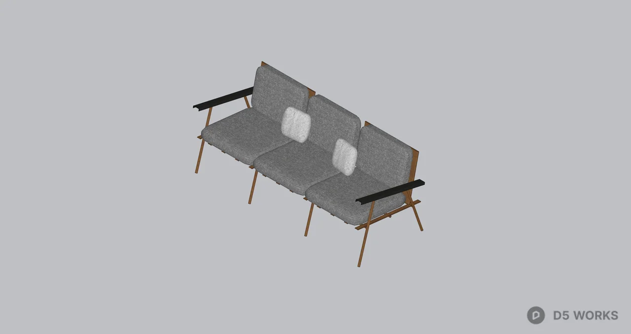 Mid-Century Modern Fabric Three-Seater Sofa With Wooden Legs And Black Armrests 3d model thumbnail 2