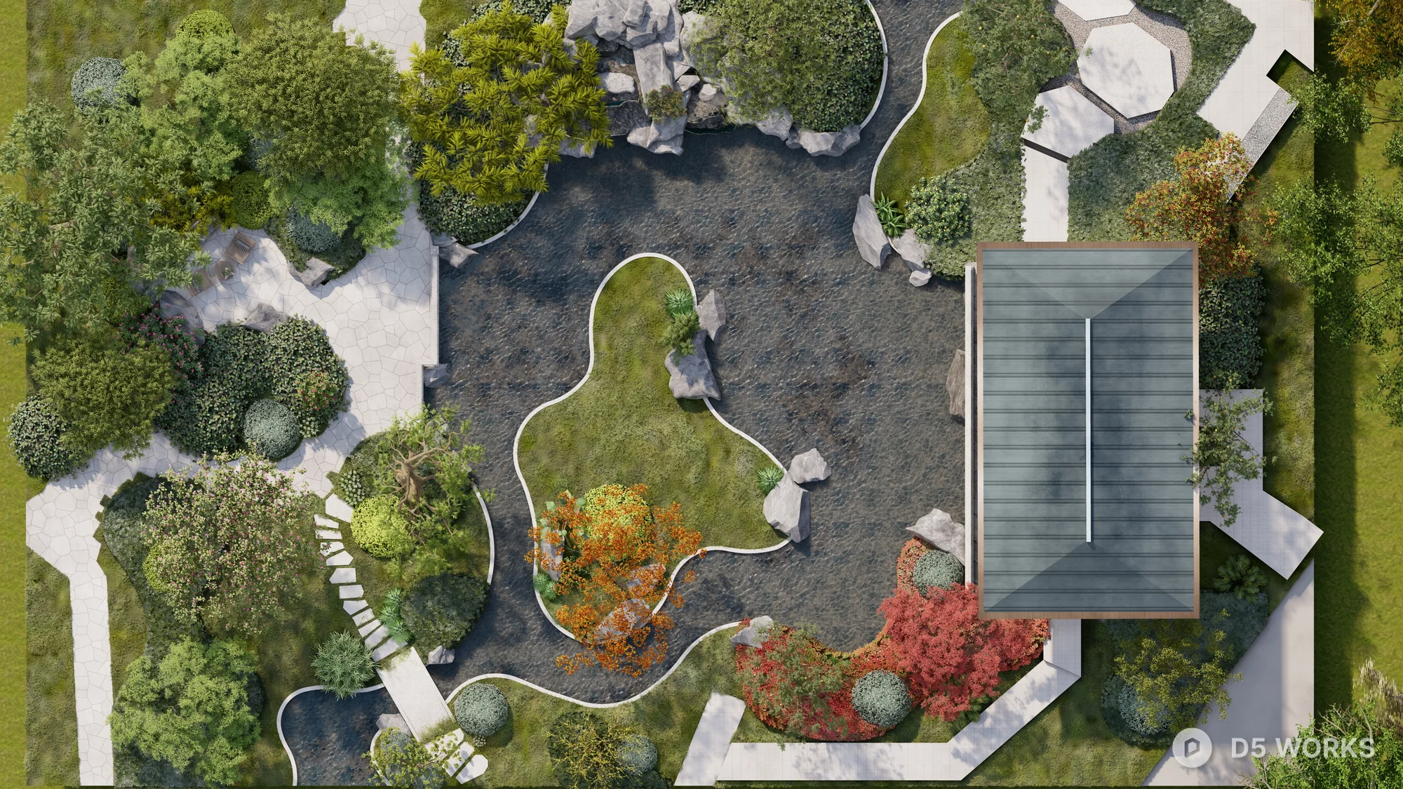 Free Modern Villa Courtyard With Greenery And Pathway 3D Model .skp