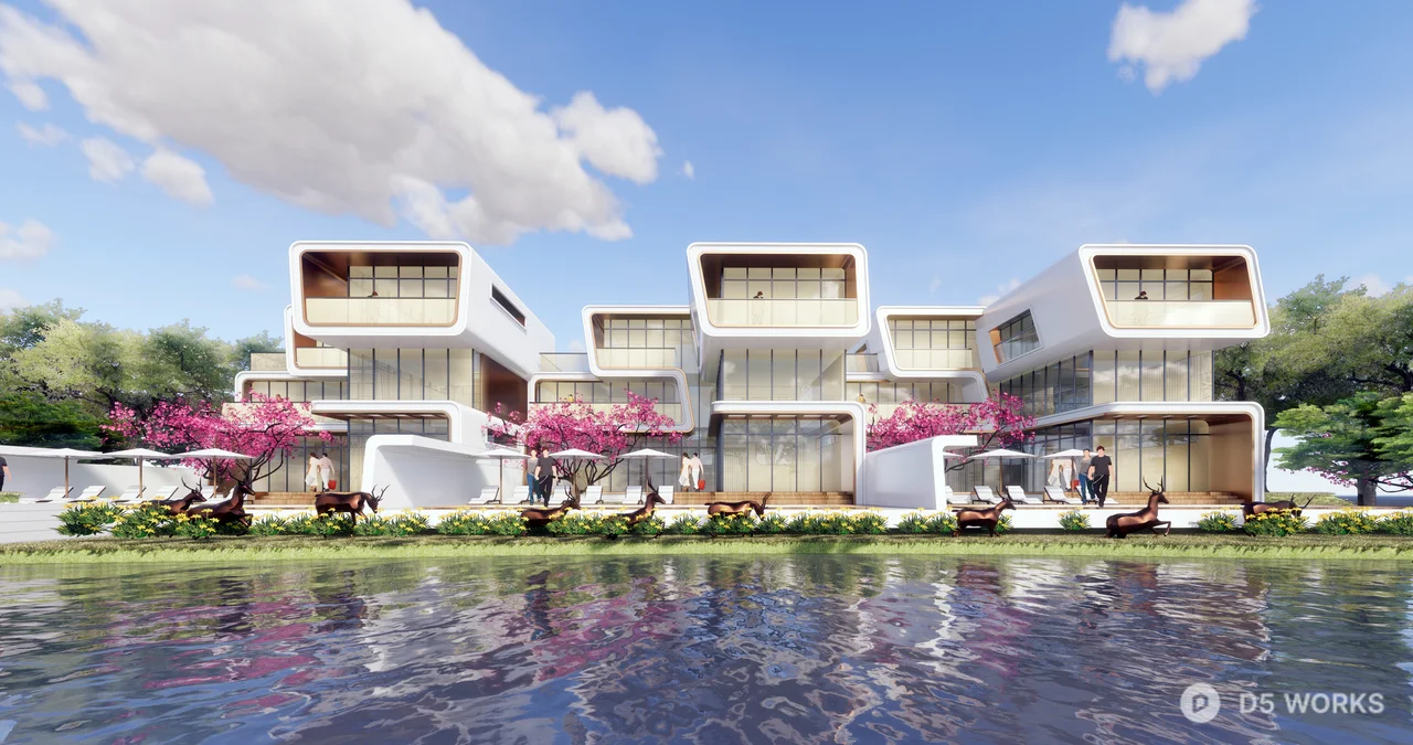 Modern Lakeside Linked Villas 3d model - Image 1