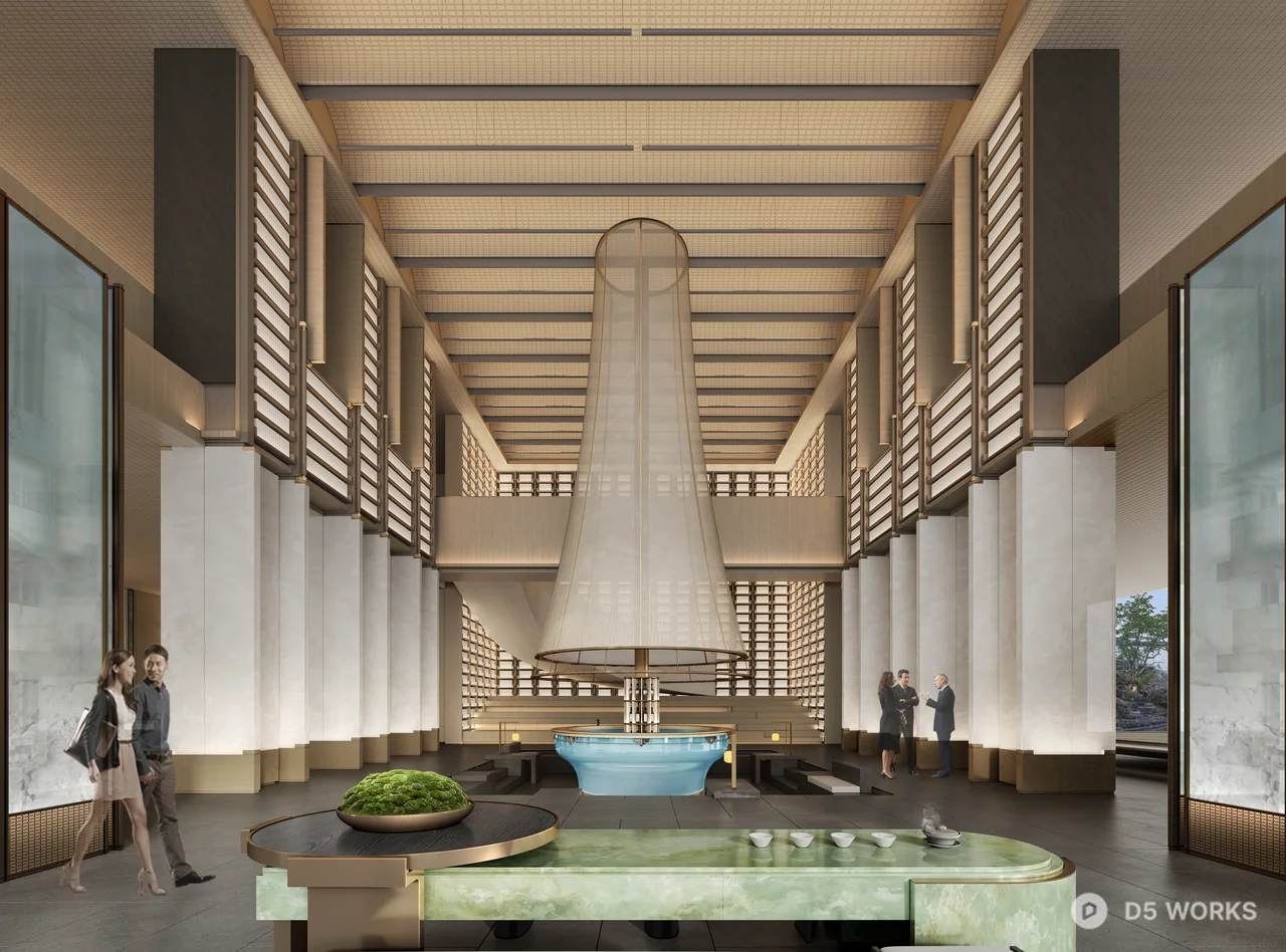 Minimalist Luxury Hotel Lobby With Central Water Feature 3d model - Image 1