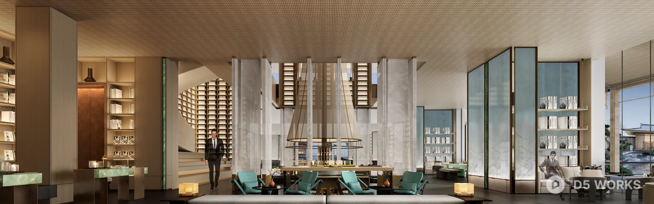 Minimalist Luxury Hotel Lobby With Central Water Feature 3d model thumbnail 5