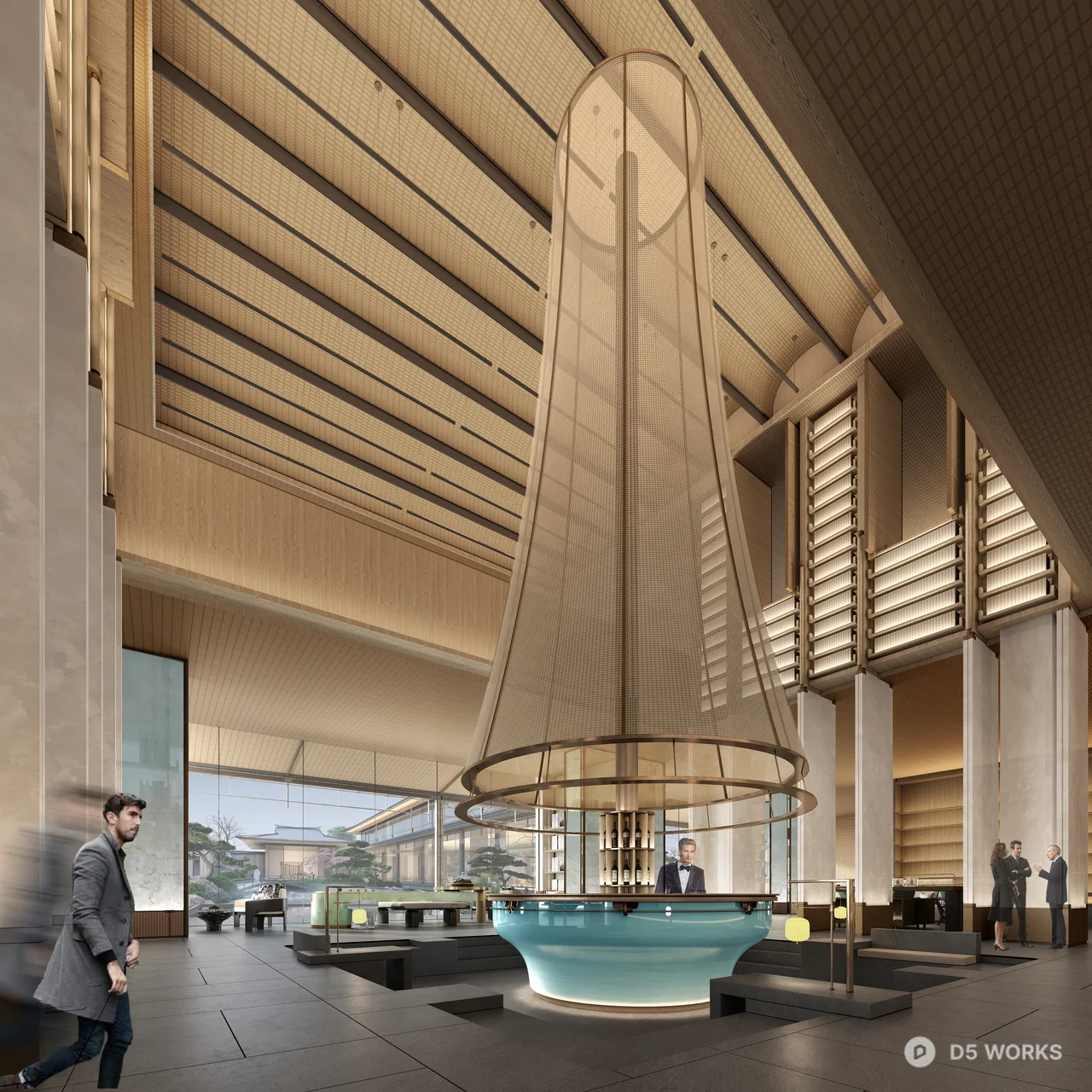 Minimalist Luxury Hotel Lobby With Central Water Feature 3d model thumbnail 3