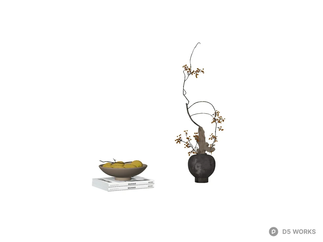 Minimalist Zen Ikebana and Fruit Bowl Decor Set 3d model thumbnail 2