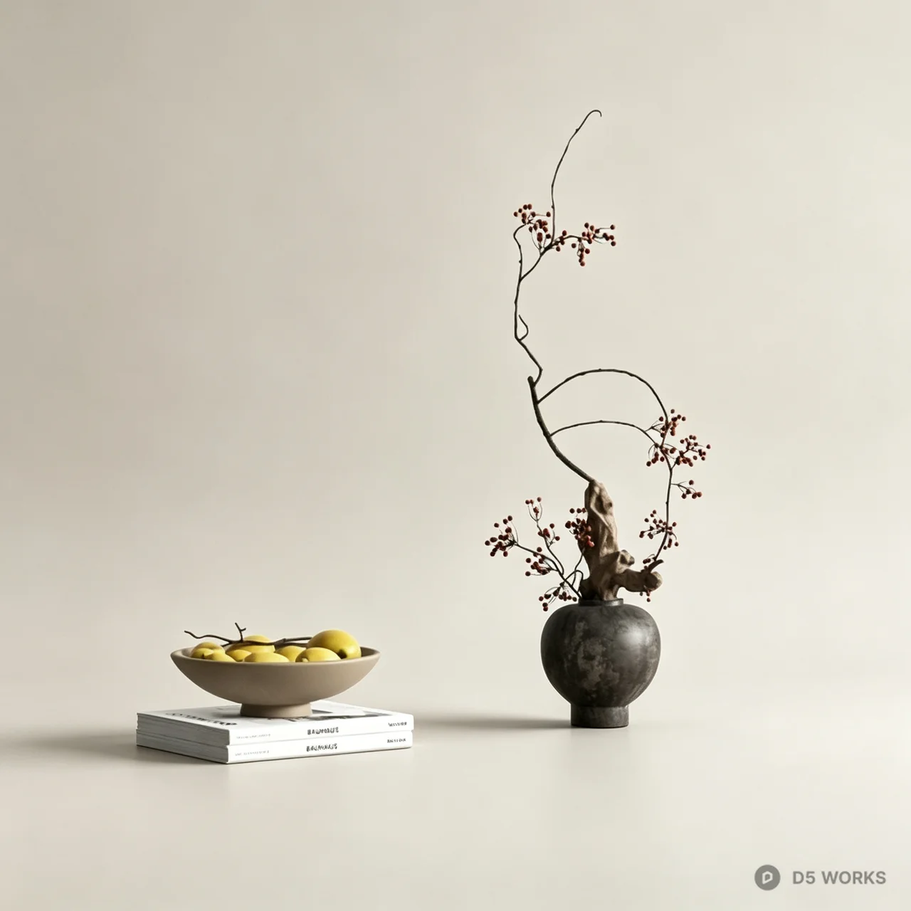 Minimalist Zen Ikebana and Fruit Bowl Decor Set 3d model - Image 1