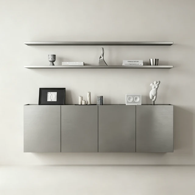 Minimalist Brushed Metal Floating Sideboard and Shelves 3d model