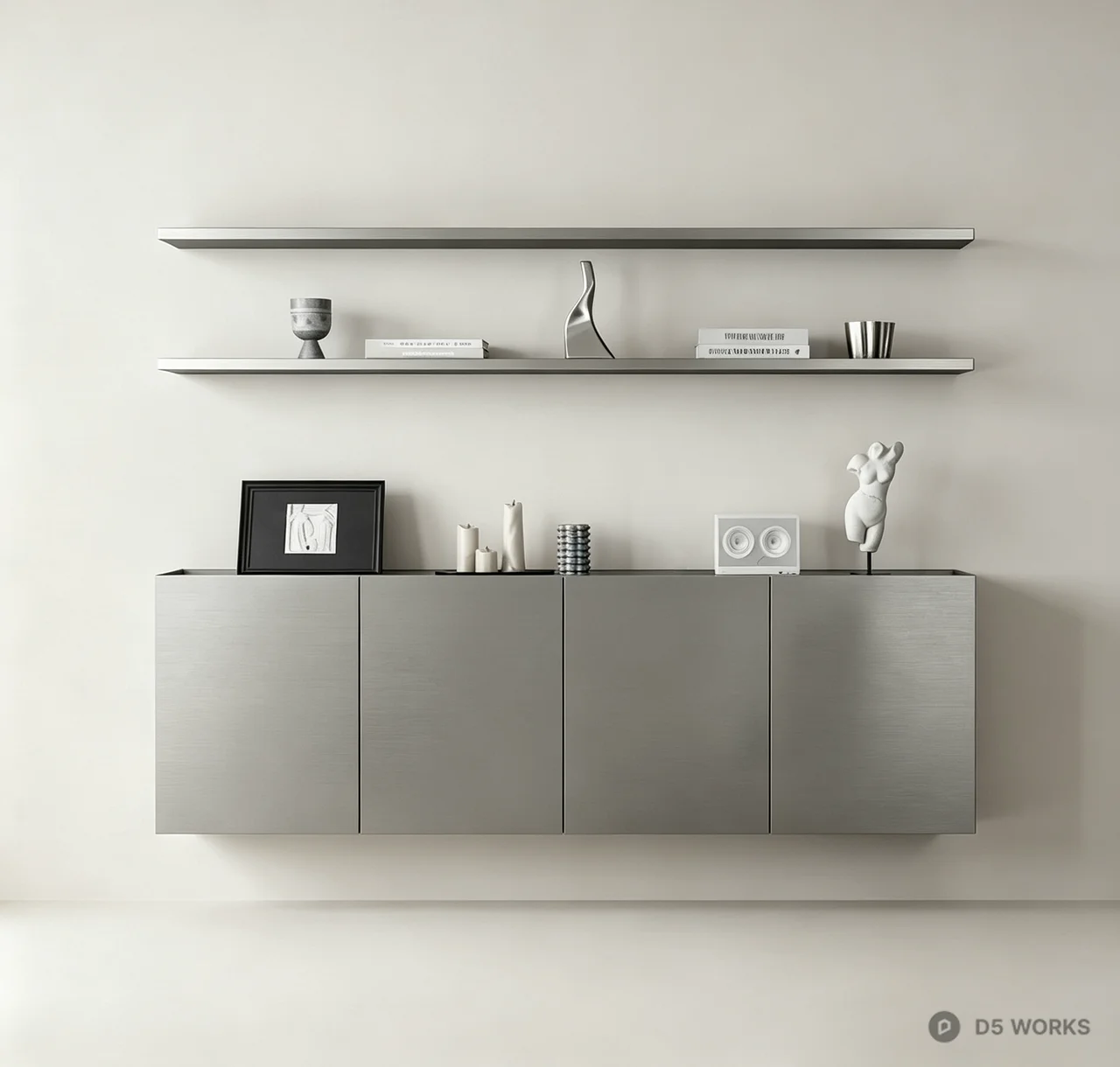 Minimalist Brushed Metal Floating Sideboard and Shelves 3d model - Image 1