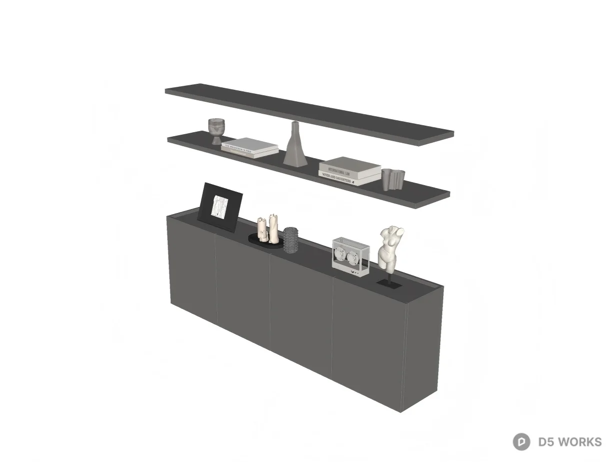 Minimalist Brushed Metal Floating Sideboard and Shelves 3d model thumbnail 3