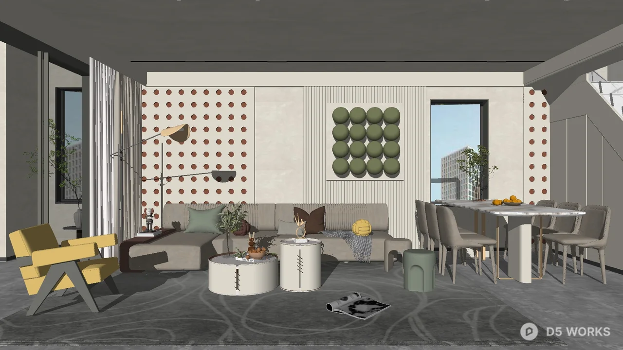 Modern Minimalist Living Dining Space With Textured Wall Panels 3d model - Image 1