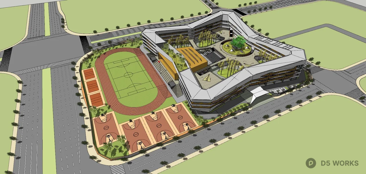 Modern School Campus With Track And Green Roof 3d model thumbnail 6