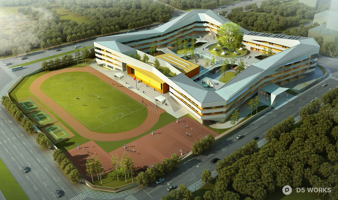 Modern School Campus With Track And Green Roof 3d model - Image 1