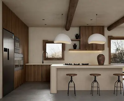 Wabi Sabi Open Kitchen With Wooden Elements 3d model