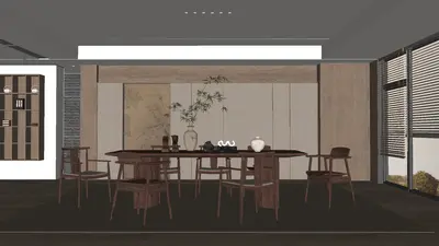 Minimalist Dining Room With Wooden Table And Sliding Door 3d model