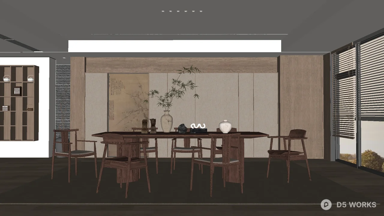 Minimalist Dining Room With Wooden Table And Sliding Door 3d model - Image 1