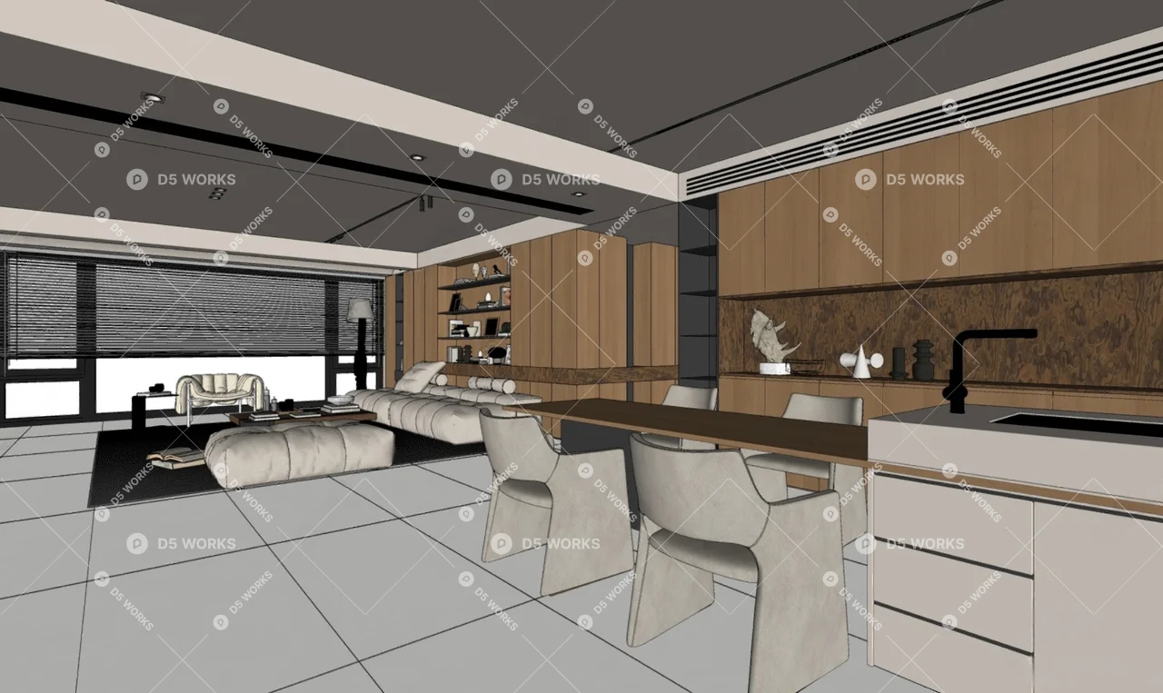 Contemporary Living & Dining Room 3d model thumbnail 2