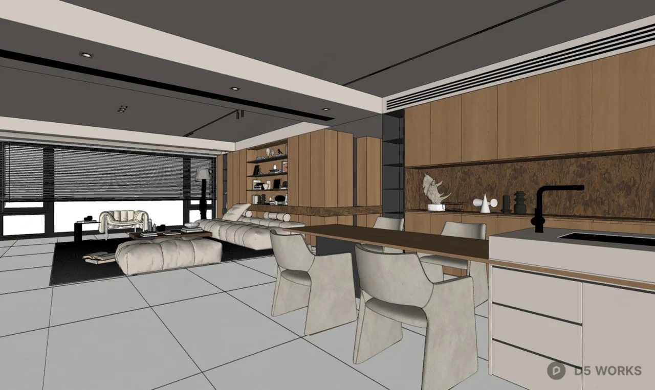 Minimalist Open Plan Living Dining Space 3d model thumbnail 2
